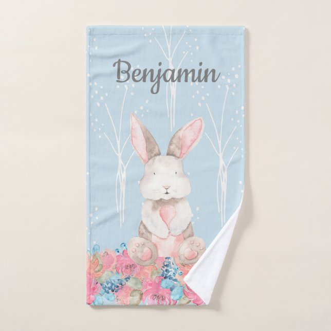Cute Blue Woodland Bunny Baby Nursery Hand Towel (Hand Towel)