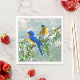 Cute Blue Yellow Birds Cherry Blossom Watercolor Napkin