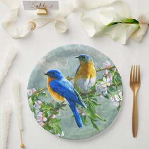 Cute Blue Yellow Birds Cherry Blossom Watercolor Paper Plate