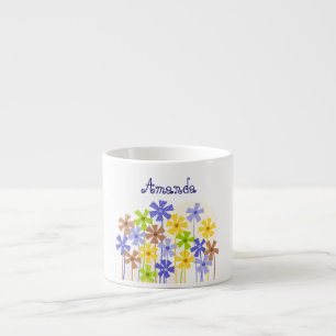 Cute blue yellow brown simple flower drawing name espresso cup