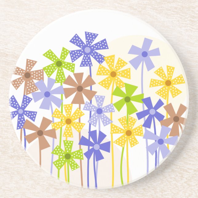 Cute blue yellow brown simple flowers drawing coaster (Front)