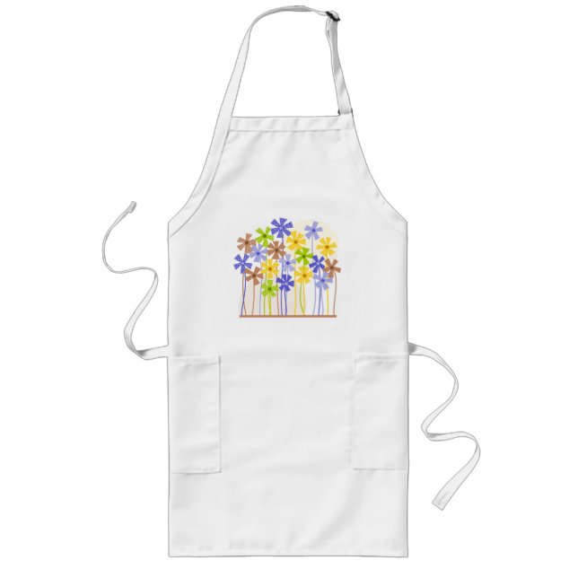 Cute blue yellow brown simple flowers drawing  long apron (Front)