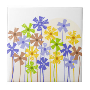 Cute blue yellow brown simple flowers drawing tile