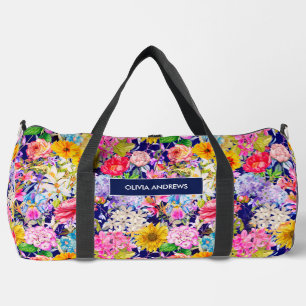 Cute blue yellow elegant Floral pattern monogram  Duffle Bag