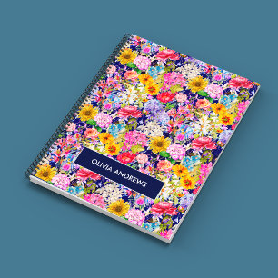 Cute blue yellow elegant Floral pattern monogram Notebook