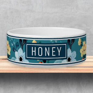 Cute Blue Yellow Floral Name Template Pet Bowl