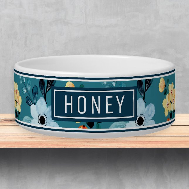 Cute Blue Yellow Floral Name Template Pet Bowl (Creator Uploaded)