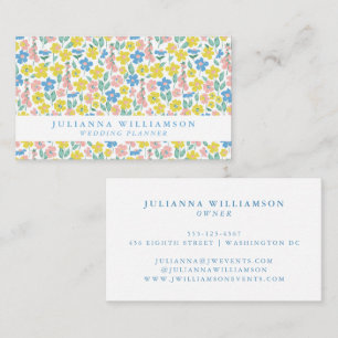 Cute Blue Yellow Modern Floral Wedding Planner Business Card