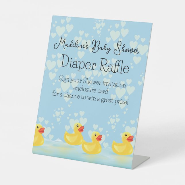 Cute Blue Yellow Rubber Duck Baby Shower Pedestal Sign (Front)