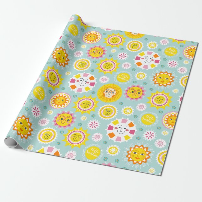 Cute Blue Yellow Sunshine Wrapping Paper (Unrolled)