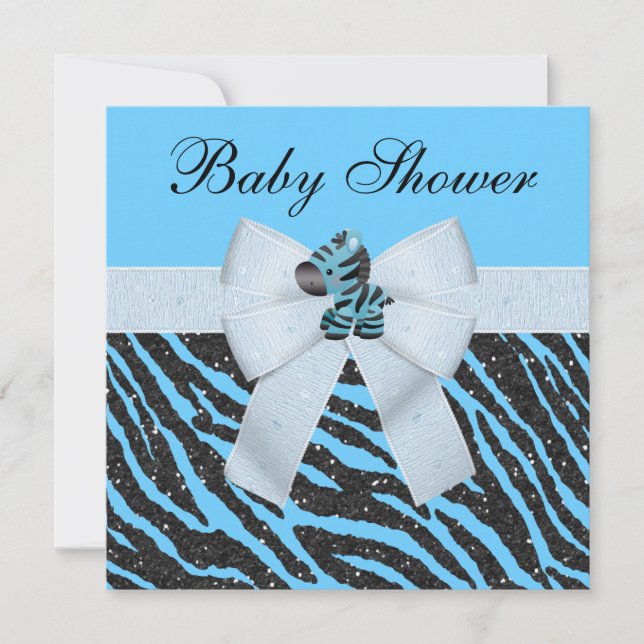 Cute Blue Zebra & Animal Print Glitter Baby Shower Invitation (Front)