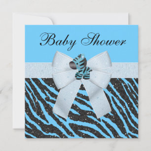 Cute Blue Zebra & Animal Print Glitter Baby Shower Invitation