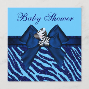 Cute Blue Zebra & Animal Print Glitter Baby Shower Invitation