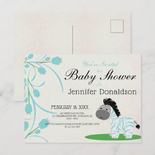 Cute Blue Zebra Blue Floral Baby Shower Invitation Postcard