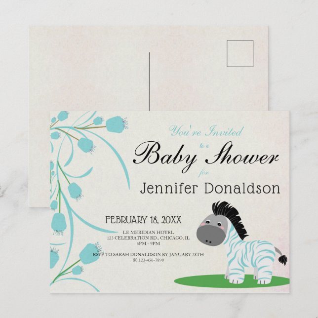 Cute Blue Zebra Blue Floral Baby Shower Invitation Postcard (Front/Back)