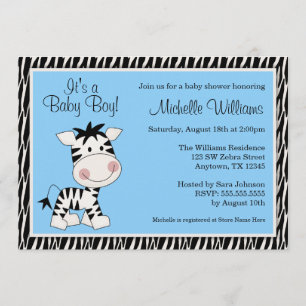 Cute Blue Zebra Boy Baby Shower Invitations