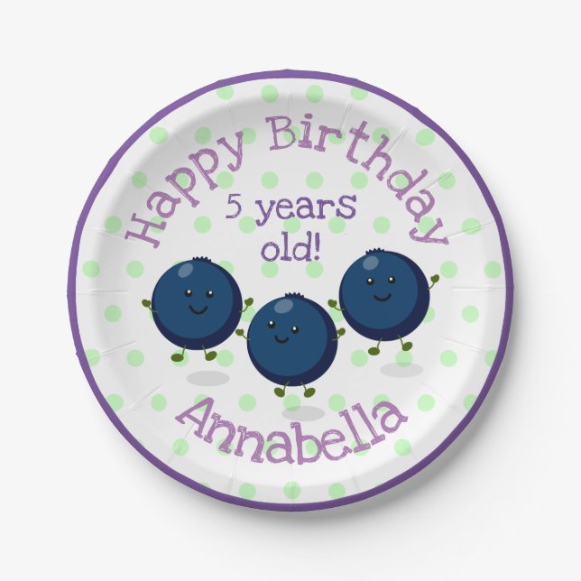 Cute blueberry friends cartoon illustration paper plate (Front)
