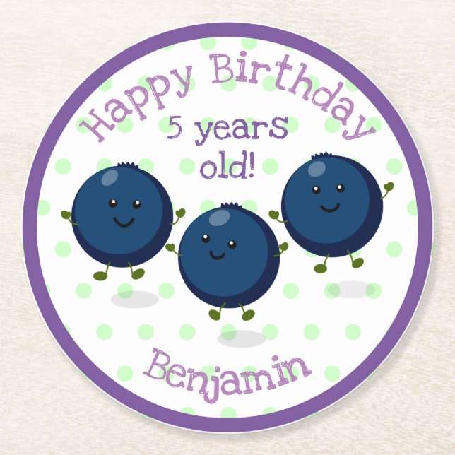 Cute blueberry friends cartoon illustration round paper coaster (Front)