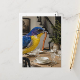 Cute Bluebird in the Dining Room Surreal Collage Postcard