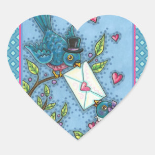 CUTE BLUEBIRD SWEETHEARTS, LOVE BIRD VALENTINE HEART STICKER