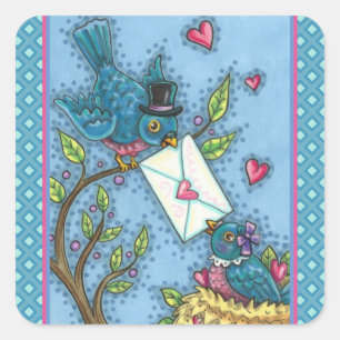 CUTE BLUEBIRD SWEETHEARTS, LOVE BIRD VALENTINE SQUARE STICKER