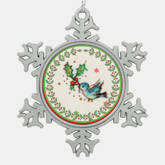 Cute Bluebird with Green and Red Holly Snowflake Pewter Christmas Ornament