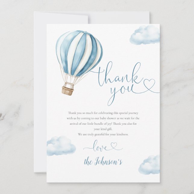 Cute BlueHot Air Balloon Baby Shower Thank You Card (Front)