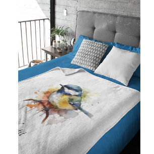Cute Bluetit on a Branch, custom Fleece Blanket