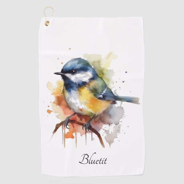 Cute Bluetit on a Branch, custom Golf Towel (Front)