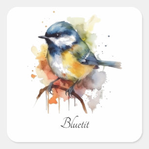 Cute Bluetit on a Branch, custom Square Sticker