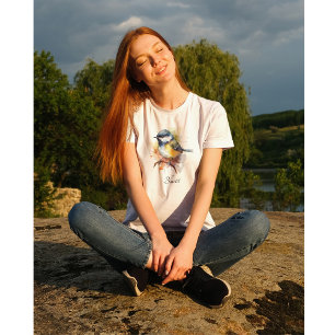 Cute Bluetit on a Branch, custom T-Shirt