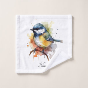 Cute bluetit sitting on a branch watercolor wash cloth