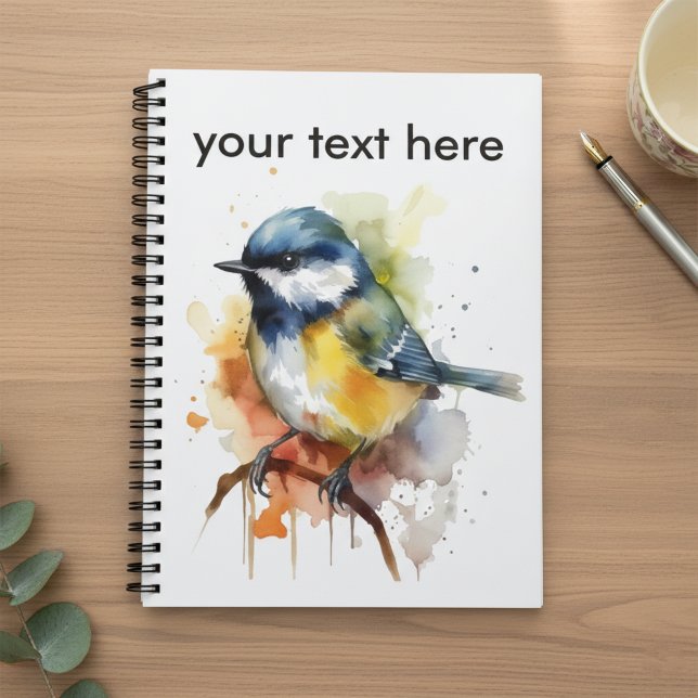 Cute Bluetit Sitting on Branch Watercolor, custom Notebook (Creator Uploaded)
