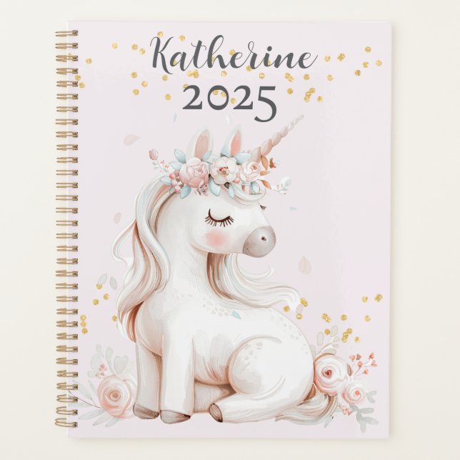 Cute Blush and Mint Unicorn Gold Glitter Name 2025 Planner (Front)