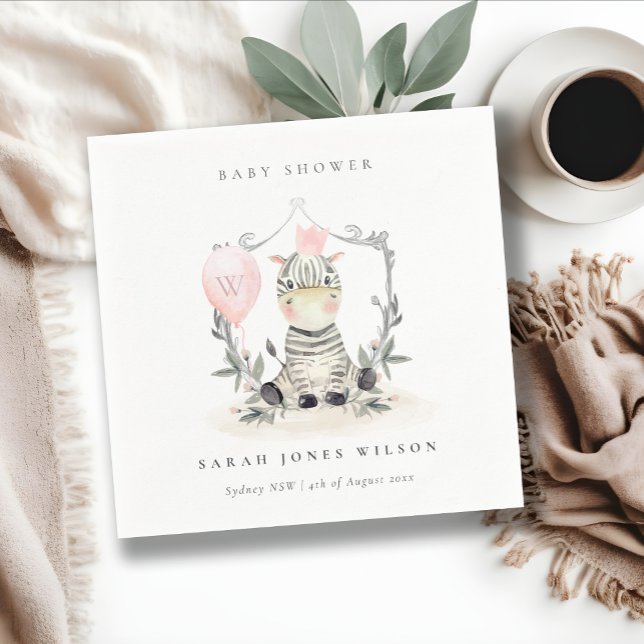 Cute Blush Baby Zebra Foliage Balloon Baby Shower Napkin (Creator Uploaded)
