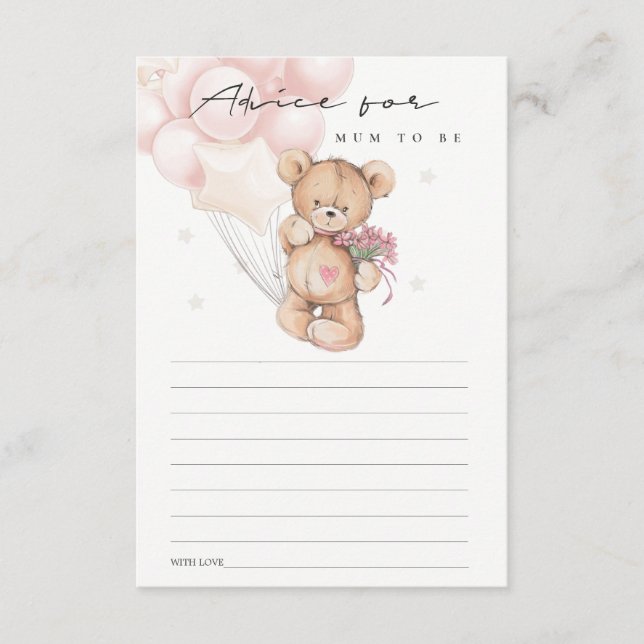 Cute Blush Bear Balloon Advice For Mum Baby Shower Enclosure Card (Front)
