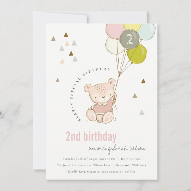 Cute Blush Bear Balloon Any Age Birthday Invite (Front)