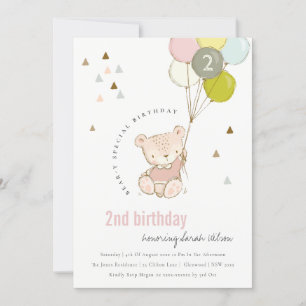 Cute Blush Bear Balloon Any Age Birthday Invite