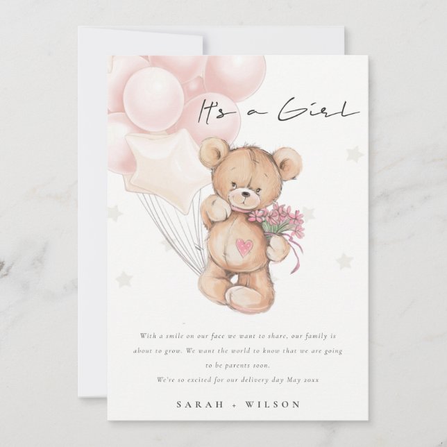 Cute Blush Bear Balloon Baby Announcement Card  (Front)
