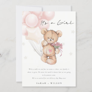Cute Blush Bear Balloon Baby Announcement Card 