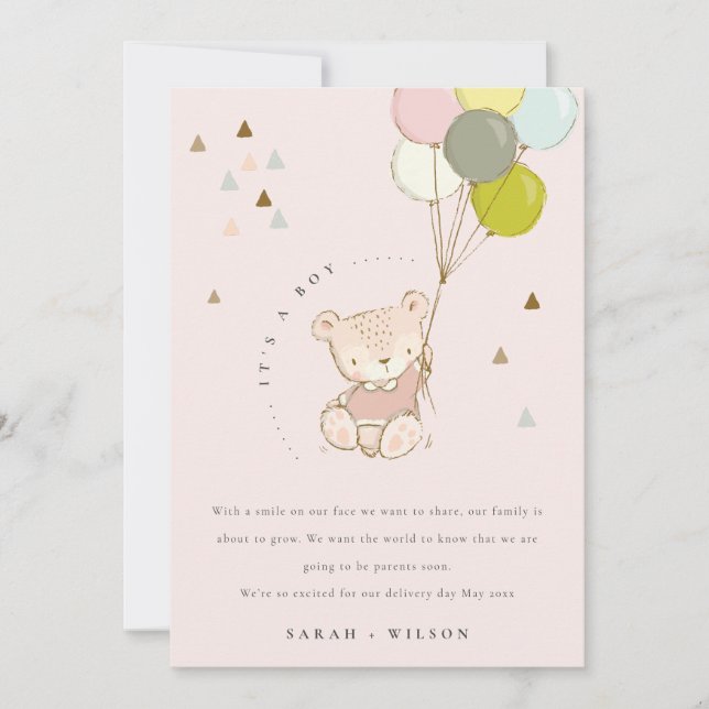 Cute Blush Bear Balloon Baby Announcement Card (Front)