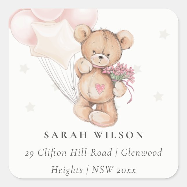 Cute Blush Bear Balloon Floral Bunch Heart Address Square Sticker (Front)