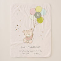 Cute Blush Bear Balloon Girly Monogram Baby Stat