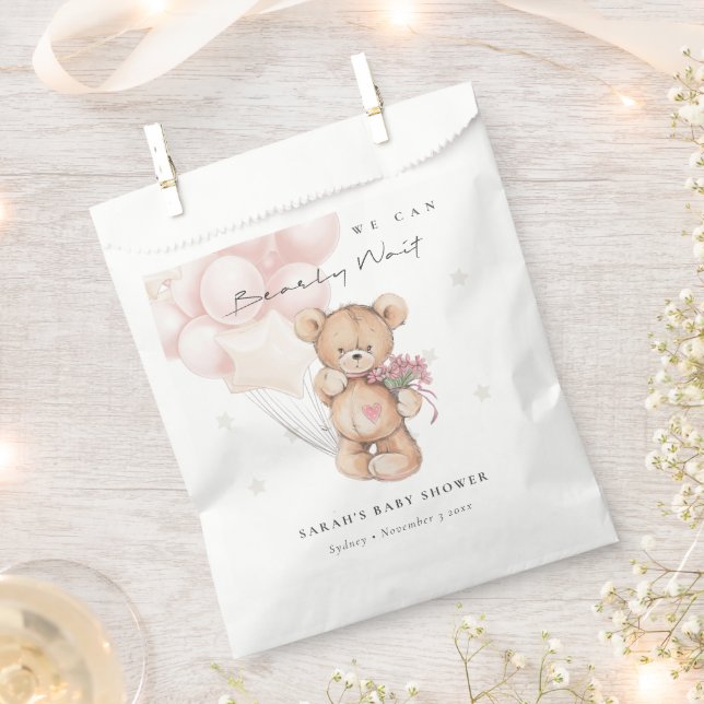 Cute Blush Bearly Wait Bear Balloon Baby Shower Favour Bags (Clipped)