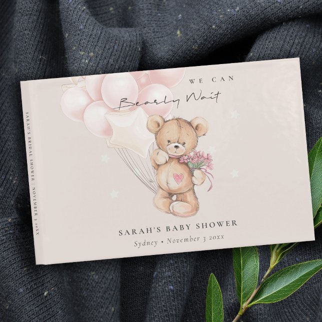 Cute Blush Bearly Wait Bear Balloon Baby Shower Guest Book (Creator Uploaded)