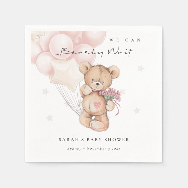 Cute Blush Bearly Wait Bear Balloon Baby Shower Napkin (Front)
