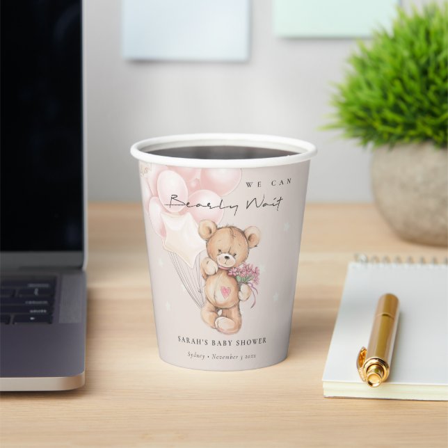 Cute Blush Bearly Wait Bear Balloon Baby Shower Paper Cups (Insitu)