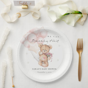 Cute Blush Bearly Wait Bear Balloon Baby Shower Paper Plate