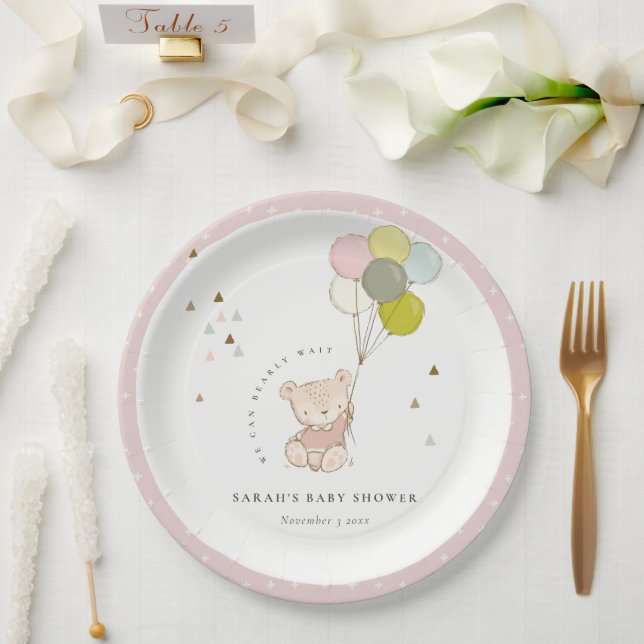 Cute Blush Bearly Wait Bear Balloon Baby Shower Paper Plate (Wedding)