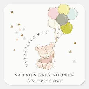 Cute Blush Bearly Wait Bear Balloon Baby Shower Square Sticker